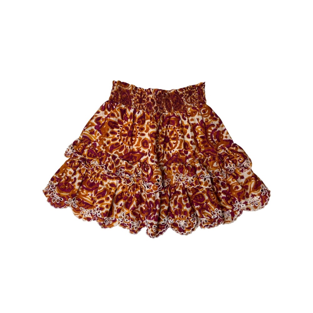 House of Harlow 1960 Orange Purple Paisley Smocked Tiered Eyelet Mini Skirt M